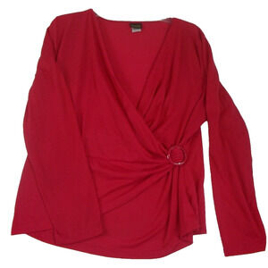 Salon Studio Long Sleeve Top Womens L Faux Wrap Drape Front Buckle Red‎